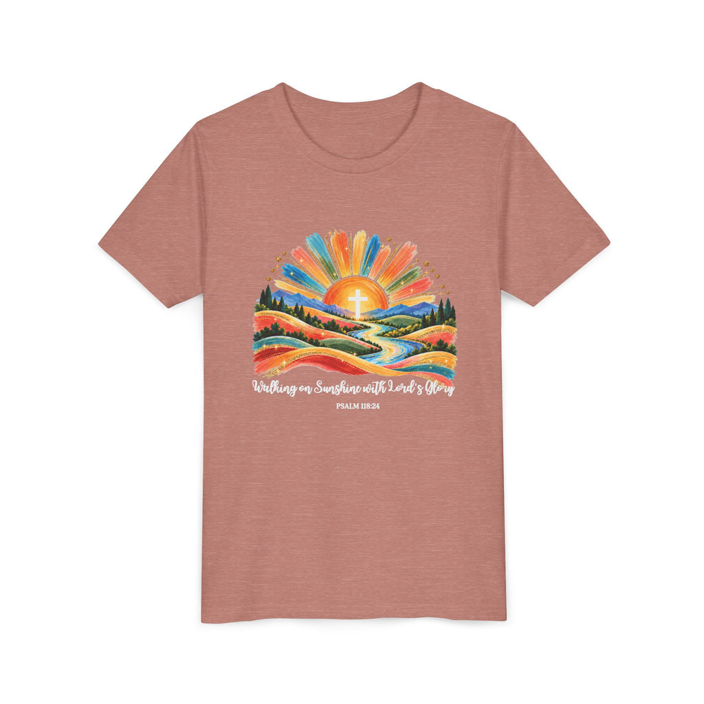 Youth Short Sleeve Tee – Walking On Sunshine with Lords Colorful Christian Sunrise Faith Shirt