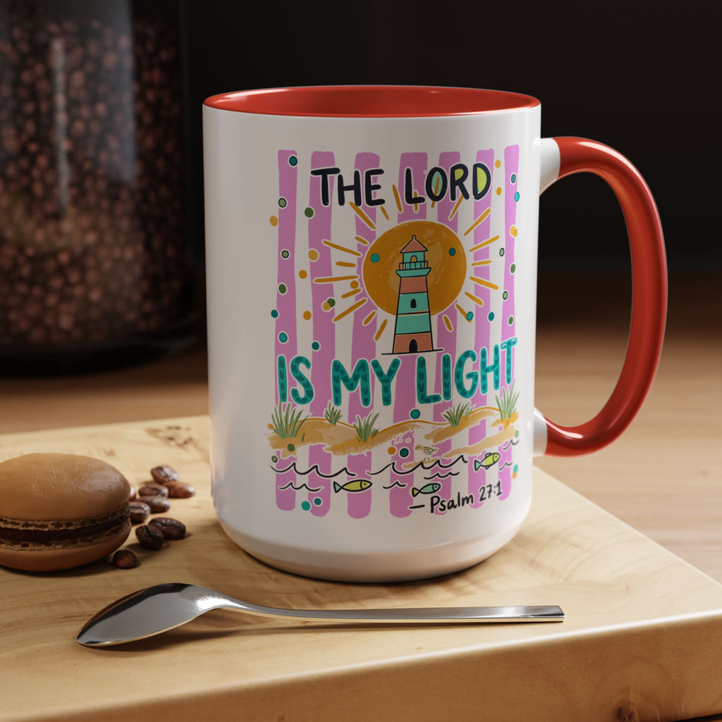 Christian Coffee Mug - "The Lord Is My Light" Lighthouse Psalm 27:1 Accent Mug