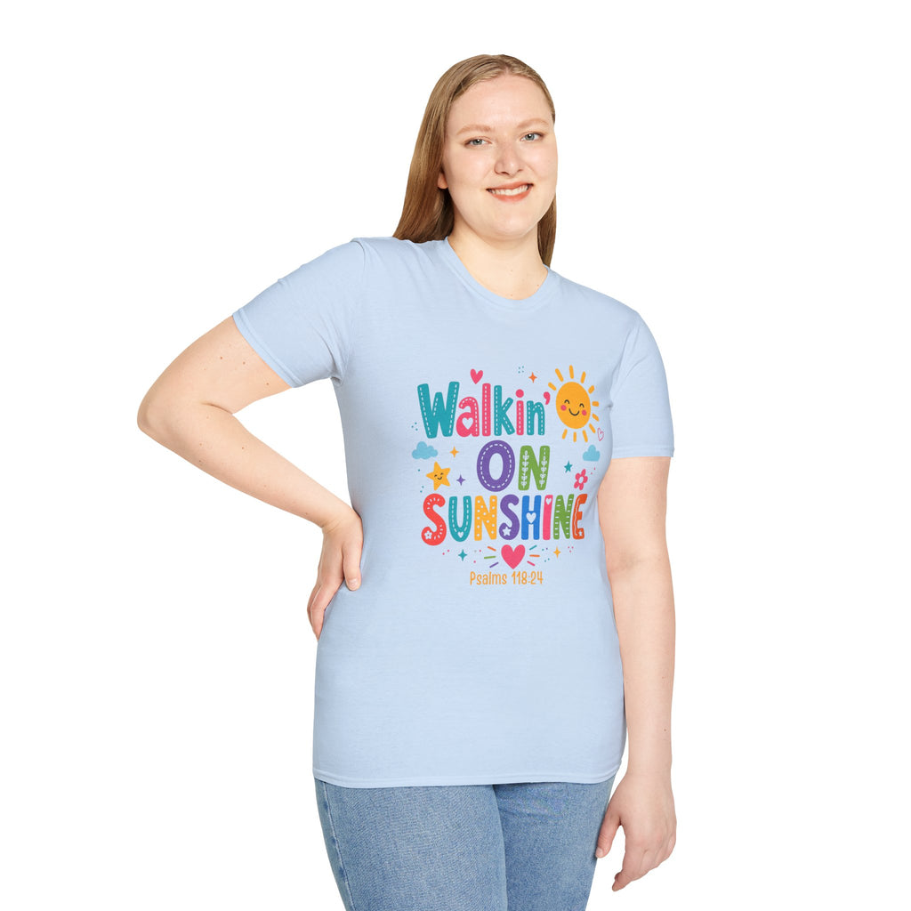 T-Shirt — "Walkin' on Sunshine" Bright Retro Sun Graphic Tee ‭‭Psalms‬ ‭118‬:‭24‬ ‭