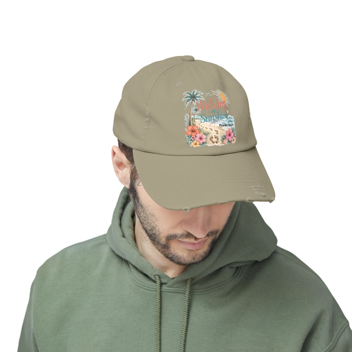 Distressed Cap — "Walk on Sunshine" Tropical Beach Baseball Hat Psalms 118:24