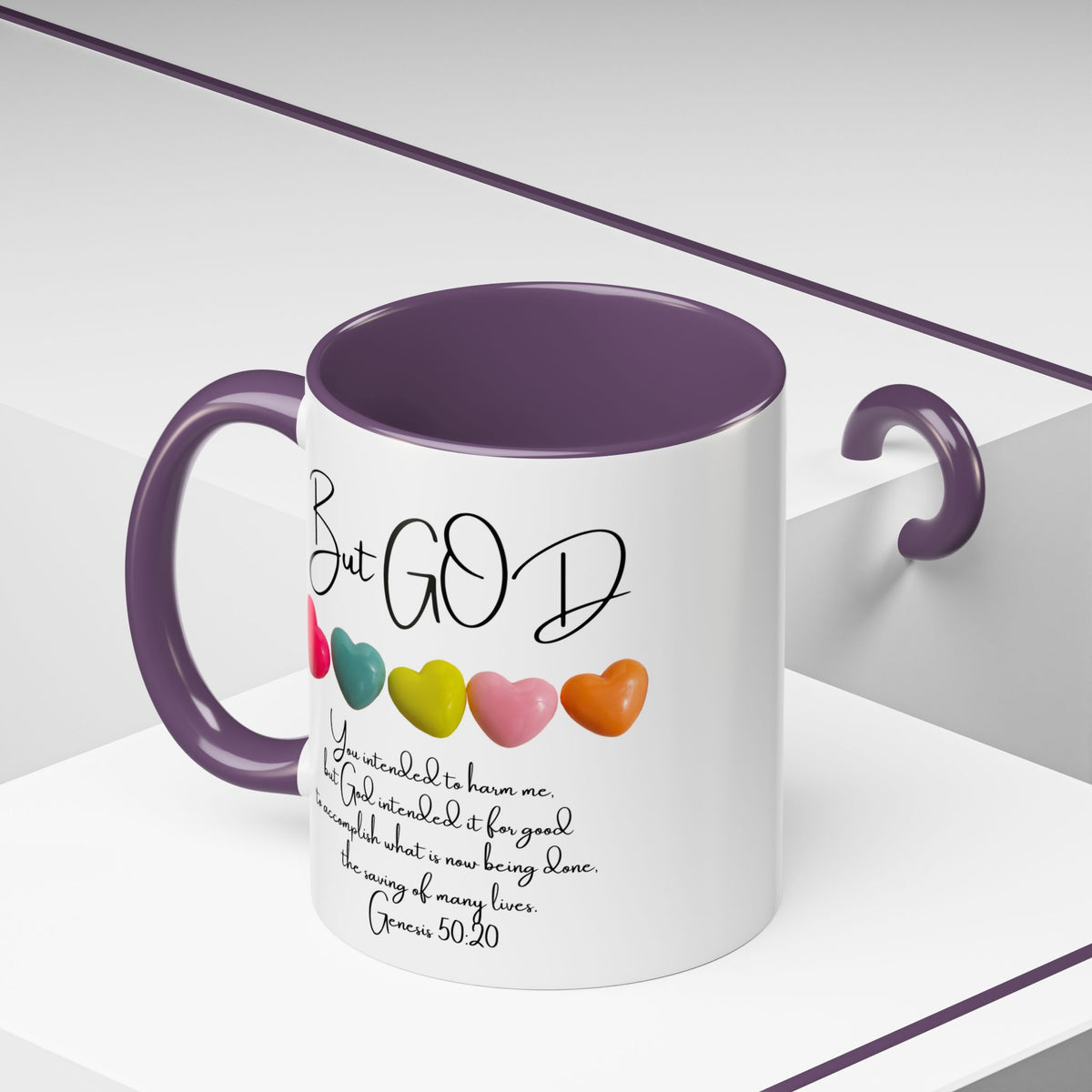 But God Scripture Coffee Mug — Genesis 50:20 Inspirational Heart Accent Mug (11/15oz)