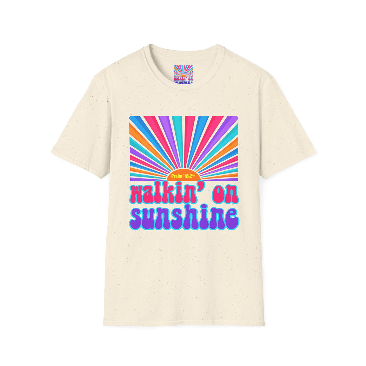 Walkin' On Sunshine Lords Glory with Lori Psalm 118:24 Retro T-Shirt — 70s Rainbow Sun Graphic Tee
