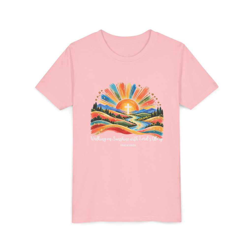 Youth Short Sleeve Tee – Walking On Sunshine with Lords Colorful Christian Sunrise Faith Shirt