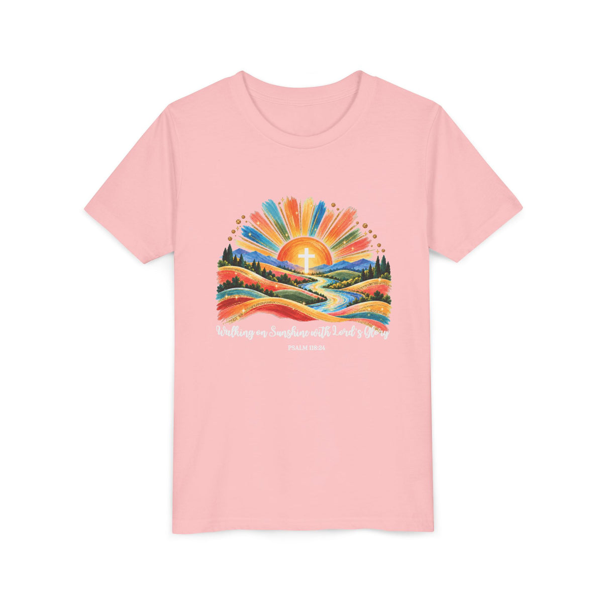 Youth Short Sleeve Tee – Walking On Sunshine with Lords Colorful Christian Sunrise Faith Shirt