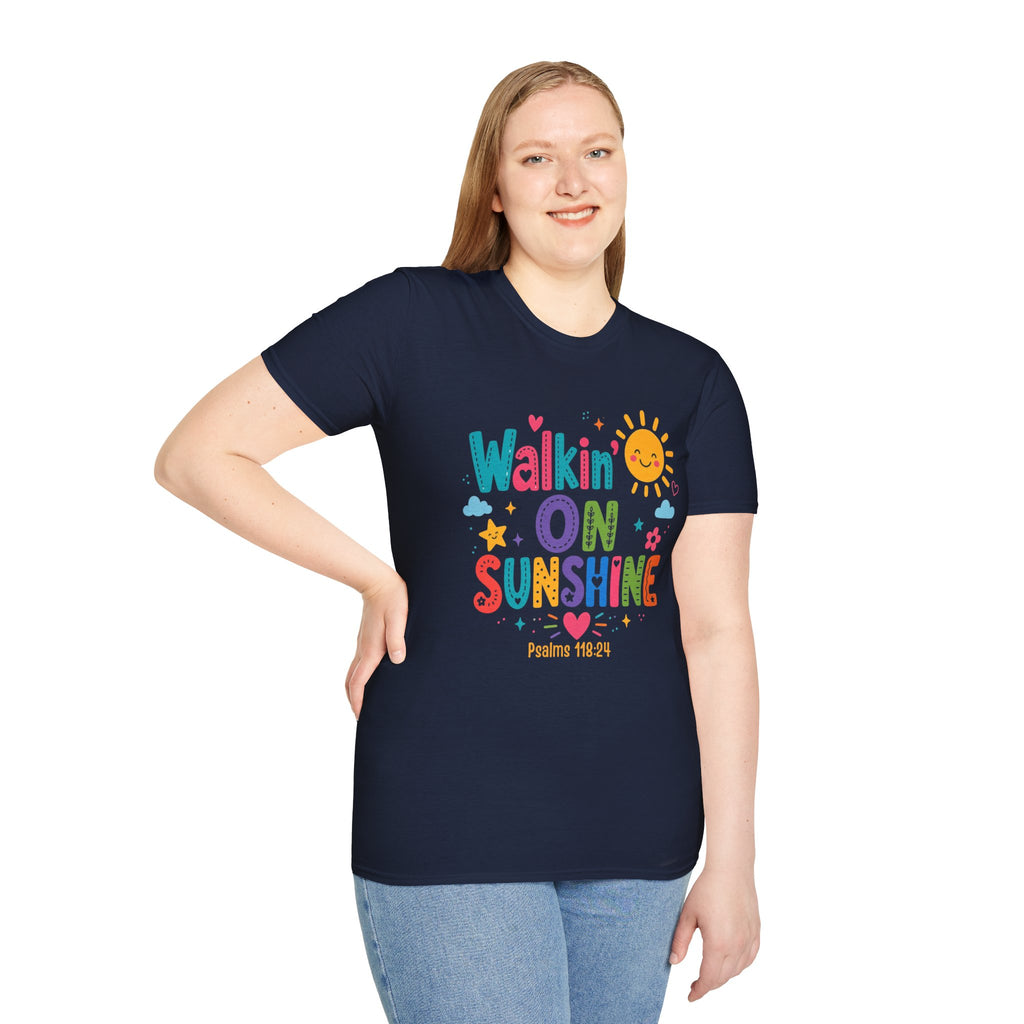 T-Shirt — "Walkin' on Sunshine" Bright Retro Sun Graphic Tee ‭‭Psalms‬ ‭118‬:‭24‬ ‭