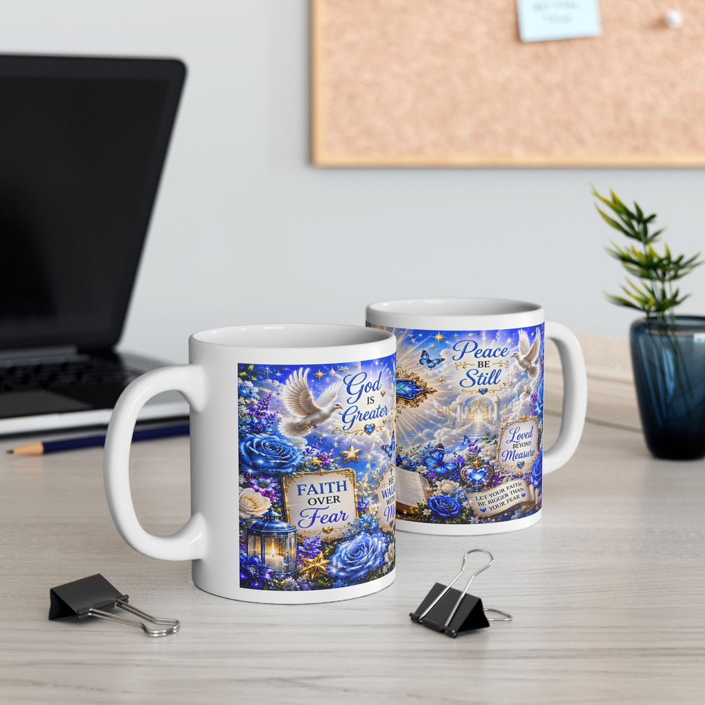 Blue Christian Cross Ceramic Mug with Bible and Floral Design