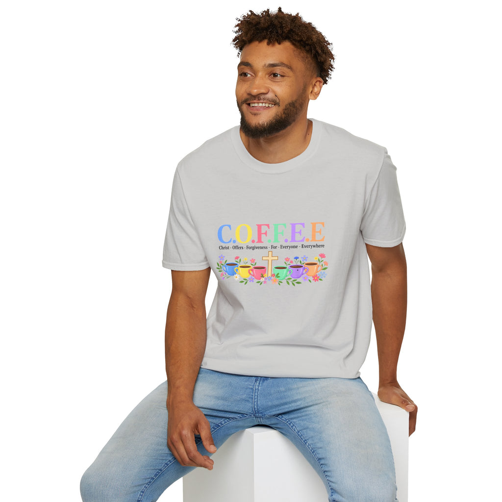 Coffee Lover Floral Graphic - C.o.f.f.e.e. (Christ - Offers - Forgiveness - For Everyone - Everywhere)  Softstyle T-Shirt