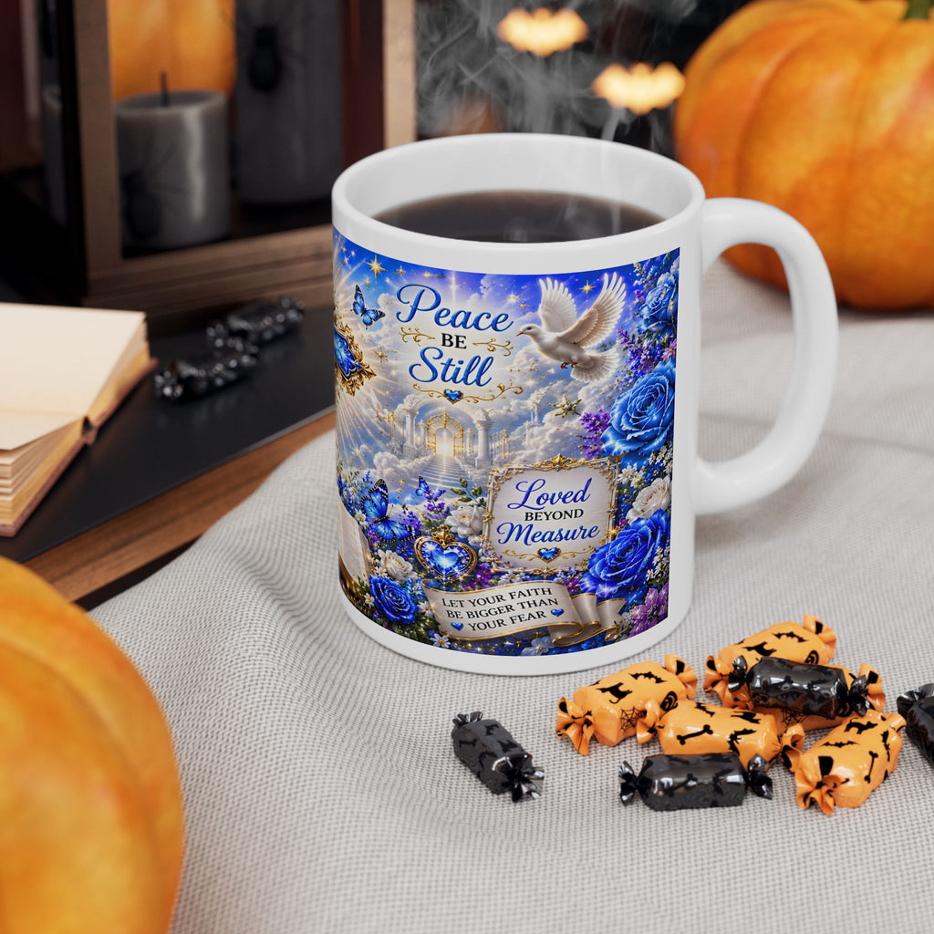 Blue Christian Cross Ceramic Mug with Bible and Floral Design