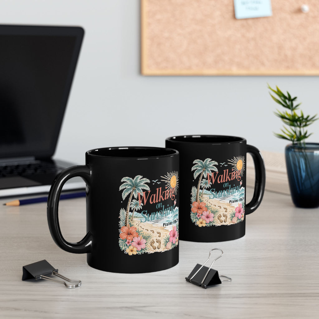 Walking on Sunshine Black Mug — Inspirational Palm Beach Coffee Cup (Psalm 118:24)
