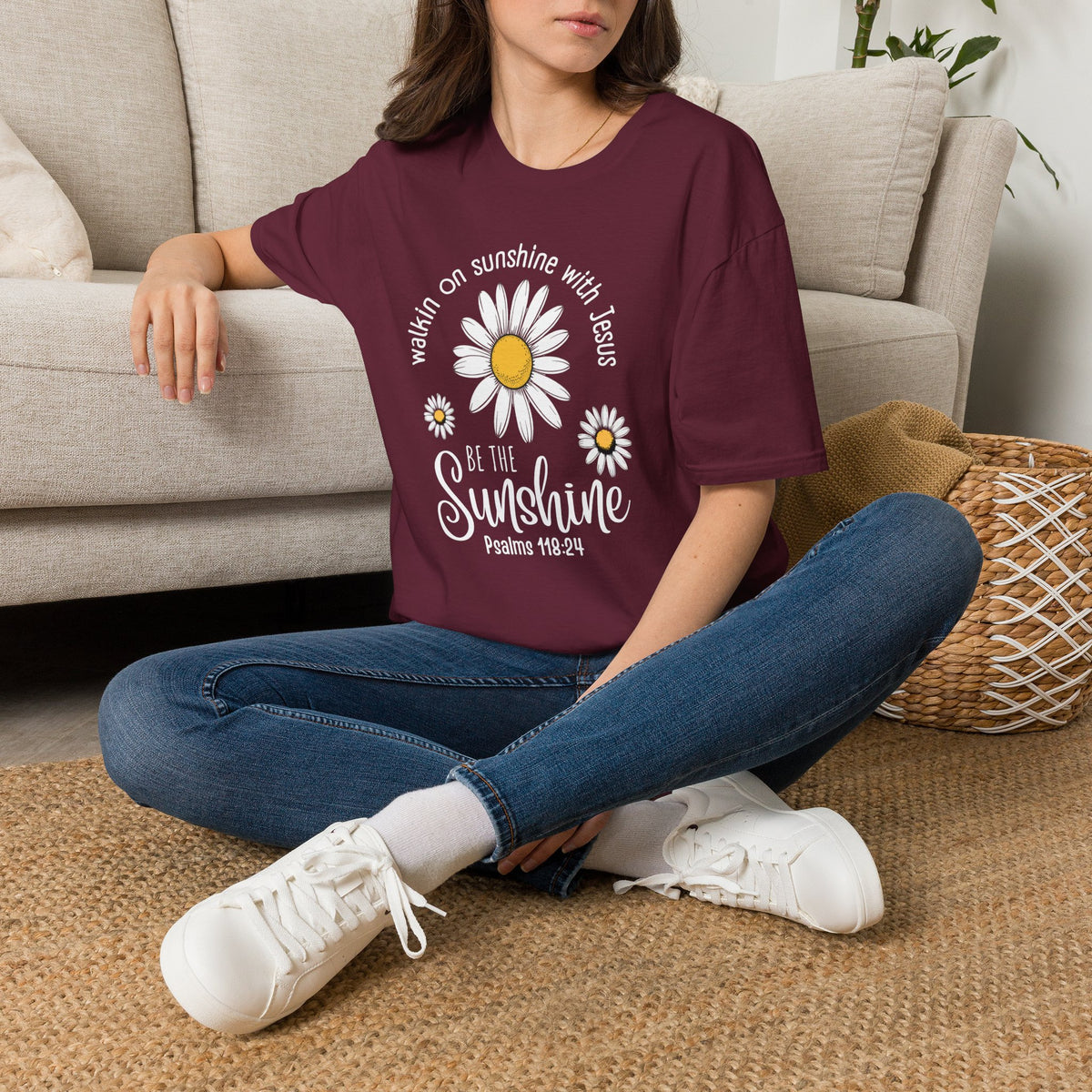 Be the Sunshine Daisy T-Shirt — "Walkin' on Sunshine with Jesus" Christian Tee (Psalm 118:24)