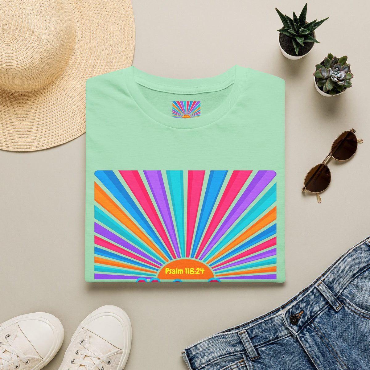Walkin' On Sunshine Lords Glory with Lori Psalm 118:24 Retro T-Shirt — 70s Rainbow Sun Graphic Tee