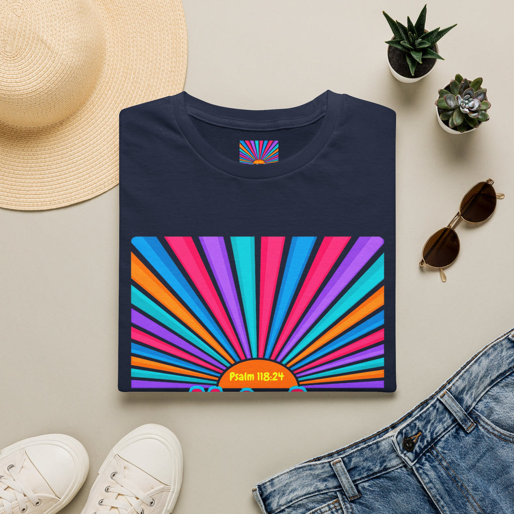 Walkin' On Sunshine Lords Glory with Lori Psalm 118:24 Retro T-Shirt — 70s Rainbow Sun Graphic Tee