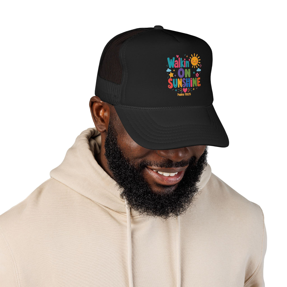 Walkin' on Sunshine Foam Trucker Hat — Retro Colorful Sunshine Design Psalm 118:24