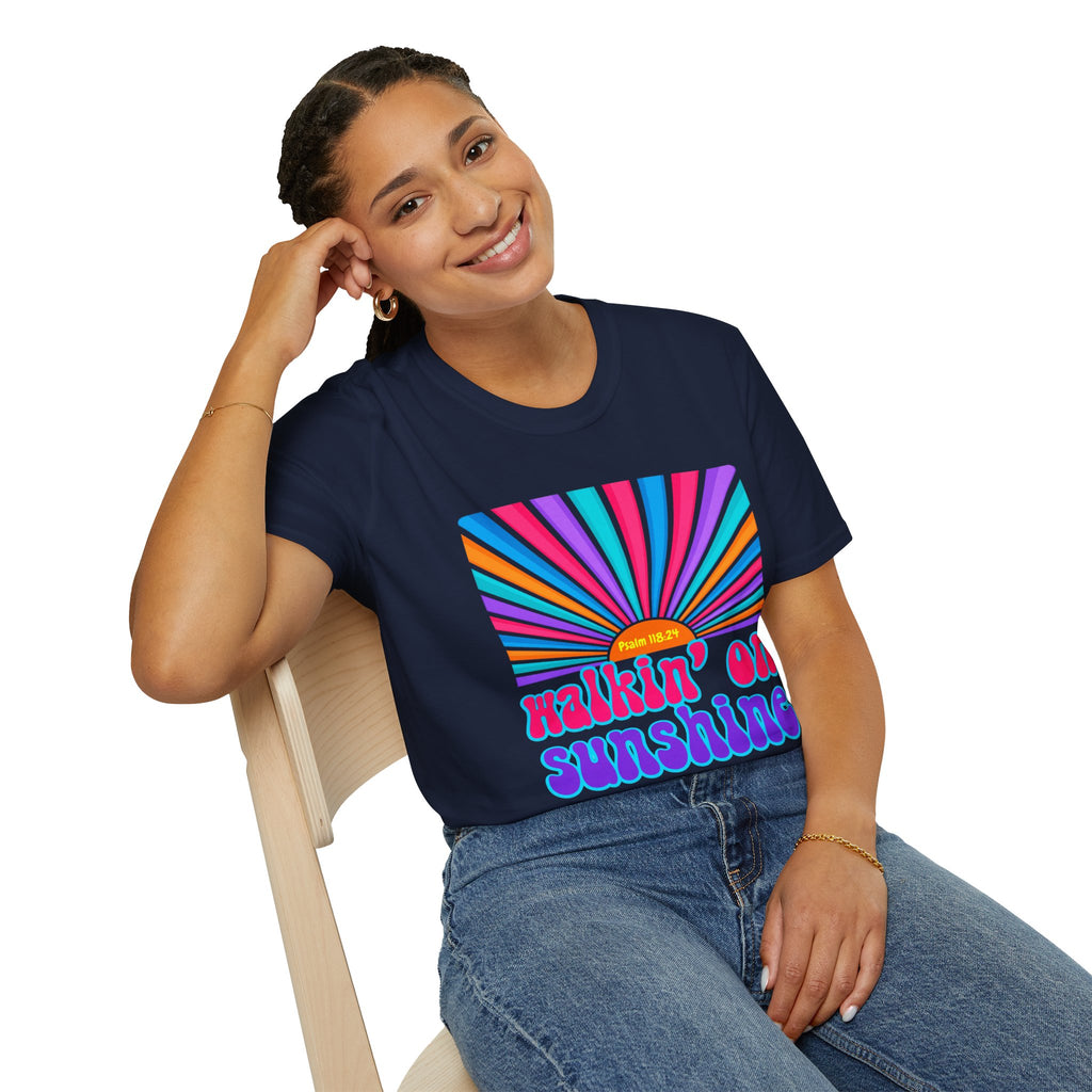 Walkin' On Sunshine Lords Glory with Lori Psalm 118:24 Retro T-Shirt — 70s Rainbow Sun Graphic Tee