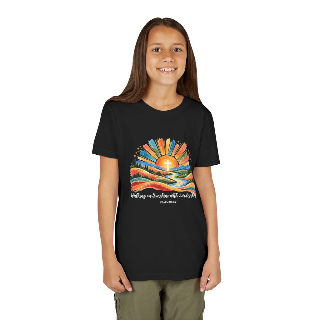 Youth Short Sleeve Tee – Walking On Sunshine with Lords Colorful Christian Sunrise Faith Shirt