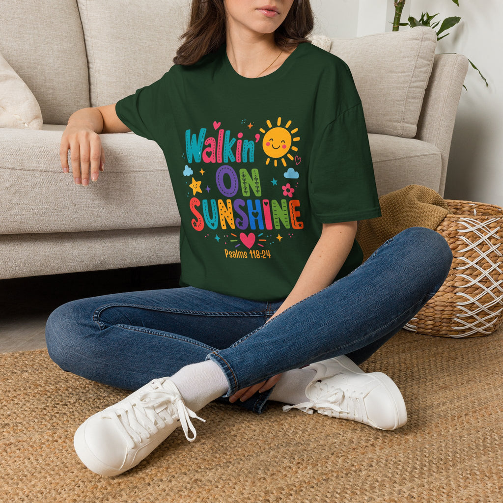 T-Shirt — "Walkin' on Sunshine" Bright Retro Sun Graphic Tee ‭‭Psalms‬ ‭118‬:‭24‬ ‭