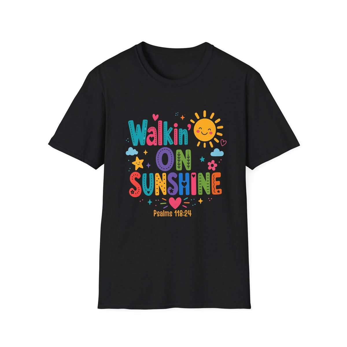 T-Shirt — "Walkin' on Sunshine" Bright Retro Sun Graphic Tee ‭‭Psalms‬ ‭118‬:‭24‬ ‭