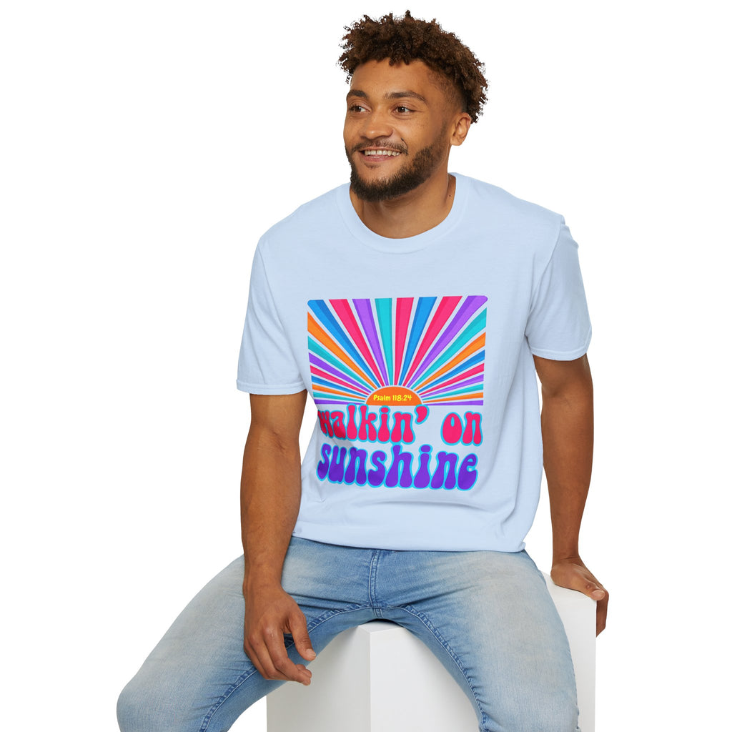 Walkin' On Sunshine Lords Glory with Lori Psalm 118:24 Retro T-Shirt — 70s Rainbow Sun Graphic Tee