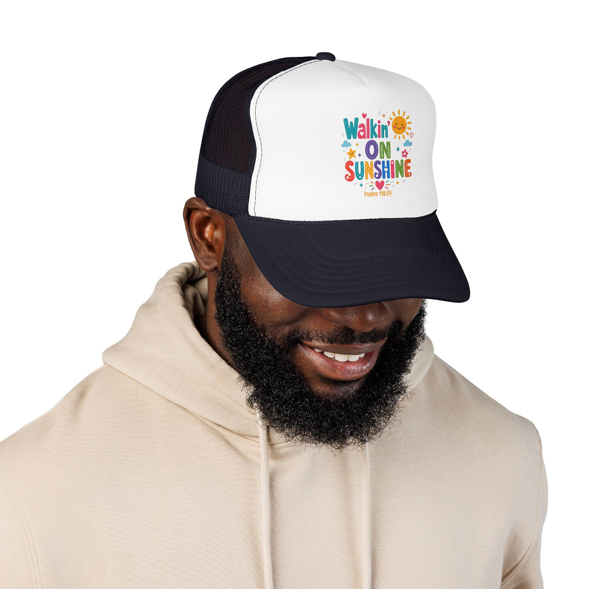 Walkin' on Sunshine Foam Trucker Hat — Retro Colorful Sunshine Design Psalm 118:24