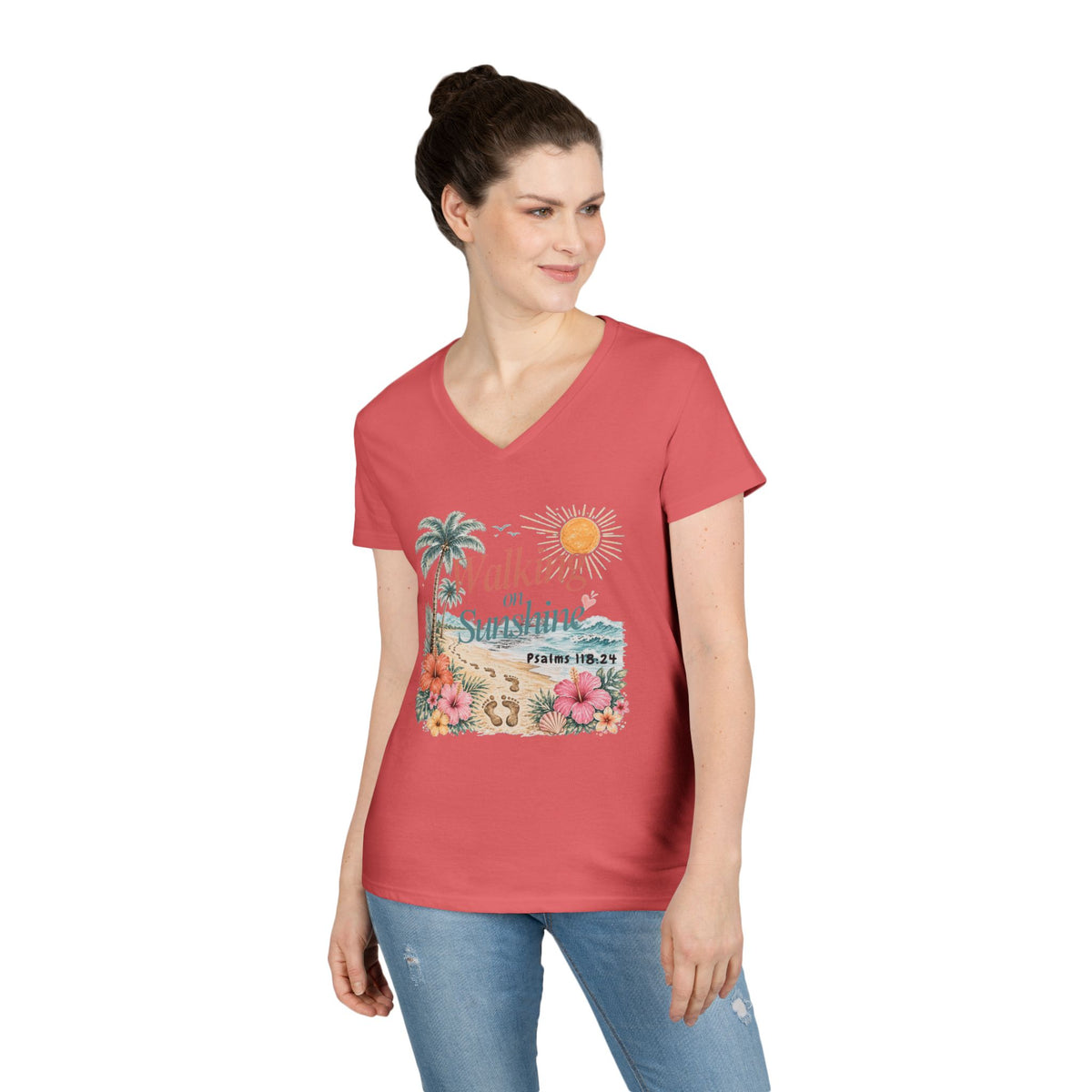 Walking on Sunshine V-Neck T-Shirt — Floral Beach Christian Psalm Tee