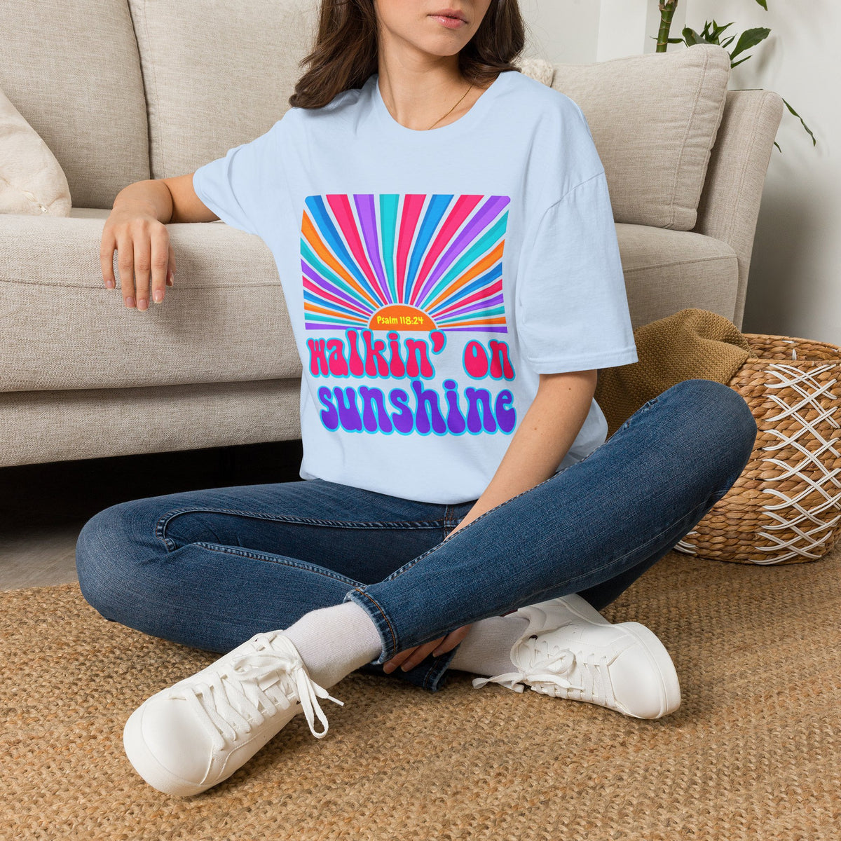 Walkin' On Sunshine Lords Glory with Lori Psalm 118:24 Retro T-Shirt — 70s Rainbow Sun Graphic Tee