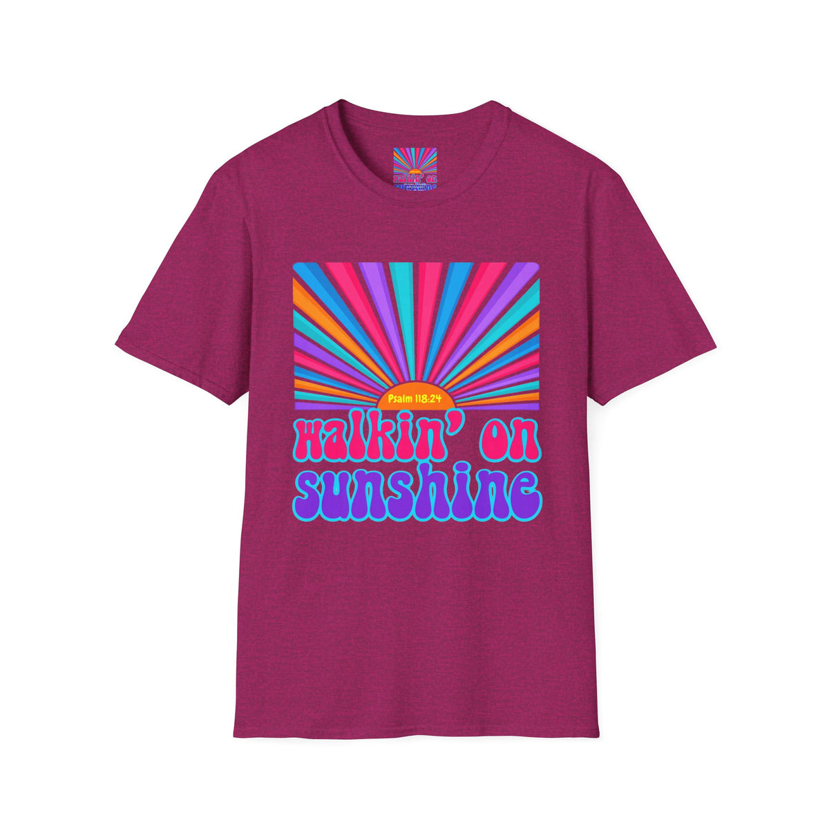 Walkin' On Sunshine Lords Glory with Lori Psalm 118:24 Retro T-Shirt — 70s Rainbow Sun Graphic Tee