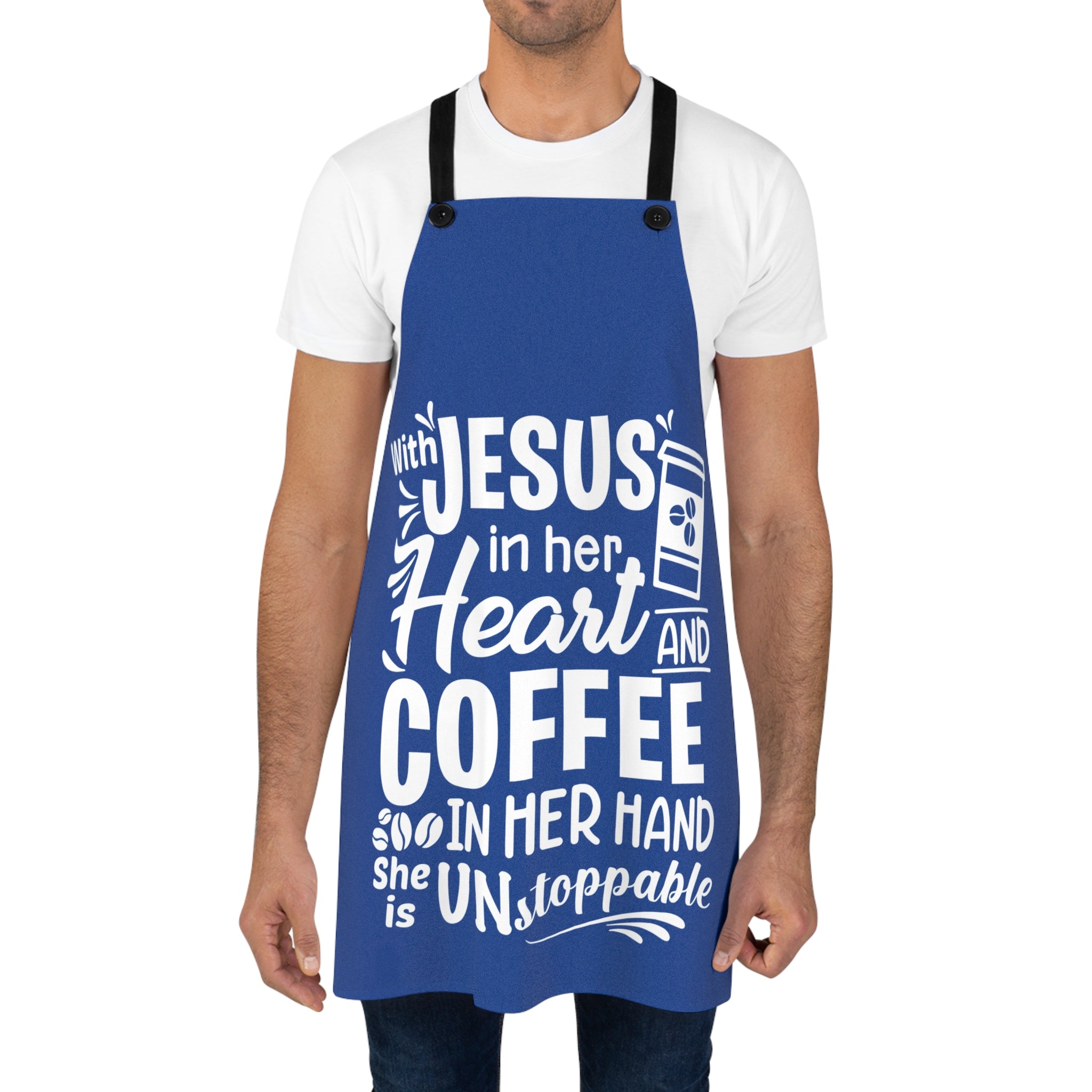 Christian Apron,  Cooking Cover, Kitchen Pinafore, Faithful BBQ Smock, Blue Jesus Coffee Chef Apron