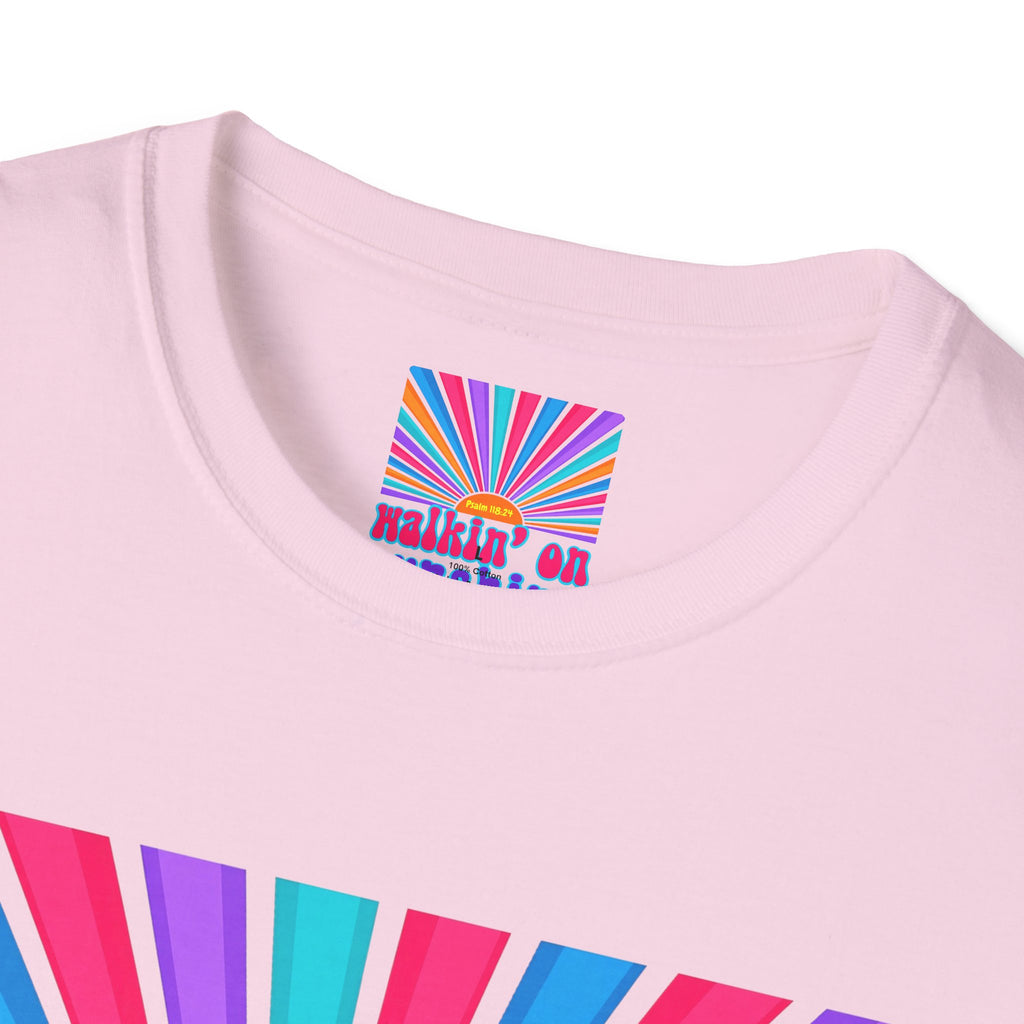 Walkin' On Sunshine Lords Glory with Lori Psalm 118:24 Retro T-Shirt — 70s Rainbow Sun Graphic Tee