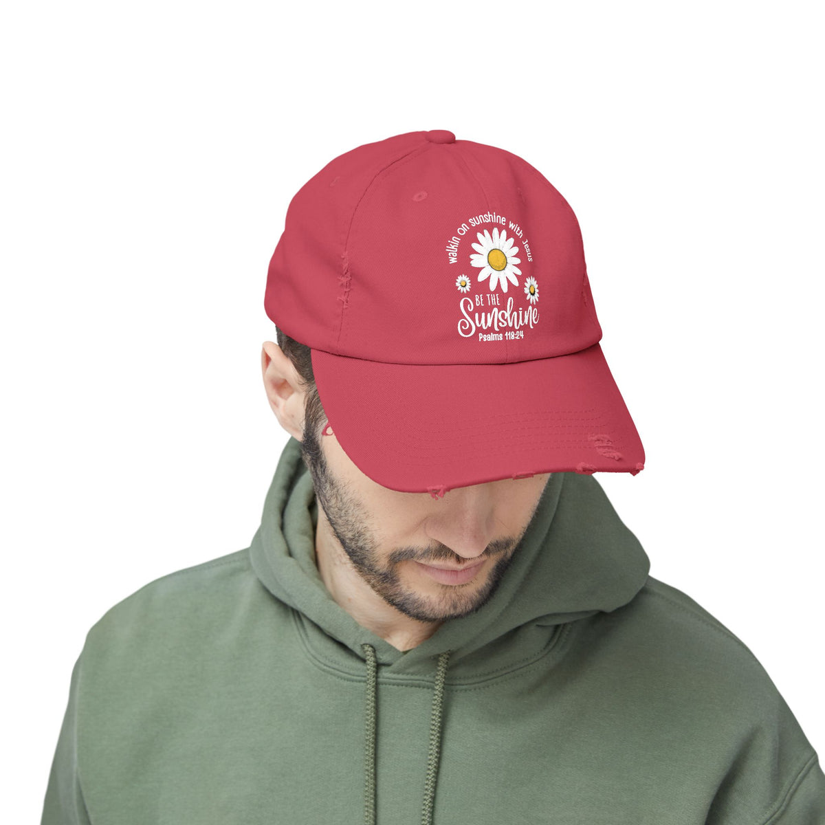 Walking on Sunshine Distressed Daisy Cap — "Be the Sunshine"  Mom and Dad Hat Psalms‬ ‭118‬:‭24