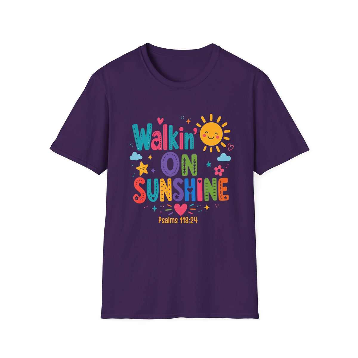 T-Shirt — "Walkin' on Sunshine" Bright Retro Sun Graphic Tee ‭‭Psalms‬ ‭118‬:‭24‬ ‭