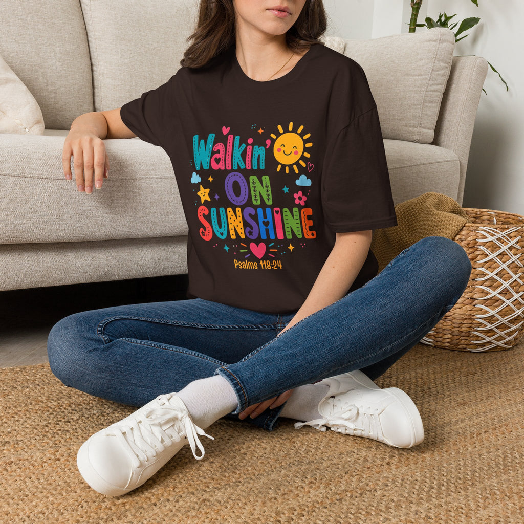 T-Shirt — "Walkin' on Sunshine" Bright Retro Sun Graphic Tee ‭‭Psalms‬ ‭118‬:‭24‬ ‭