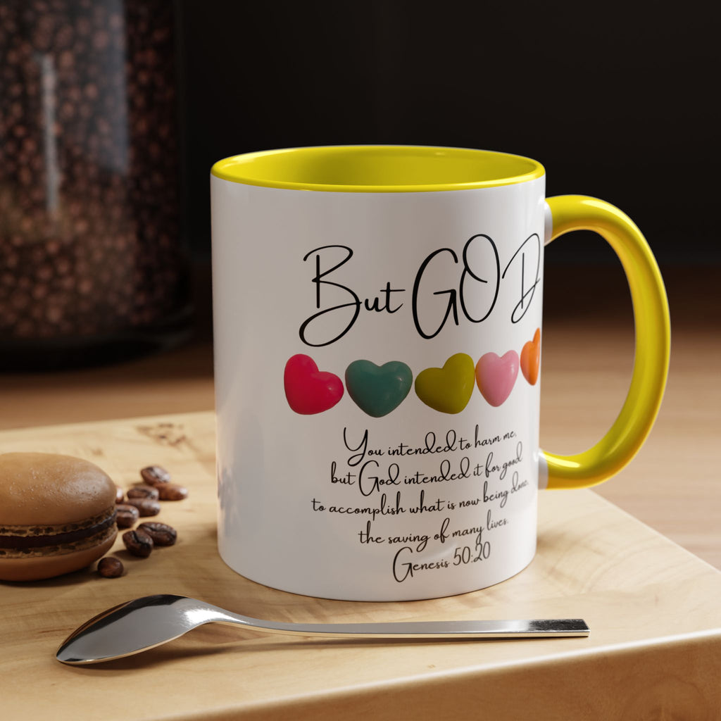 But God Scripture Coffee Mug — Genesis 50:20 Inspirational Heart Accent Mug (11/15oz)