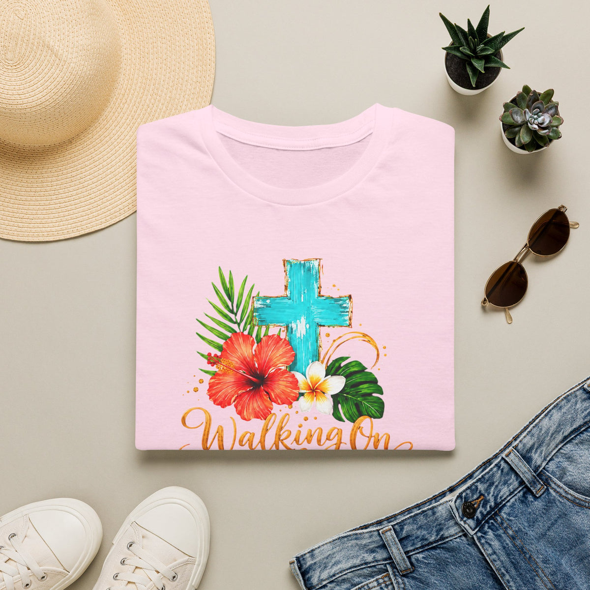 Walking on Sunshine & Jesus Floral Cross T-Shirt