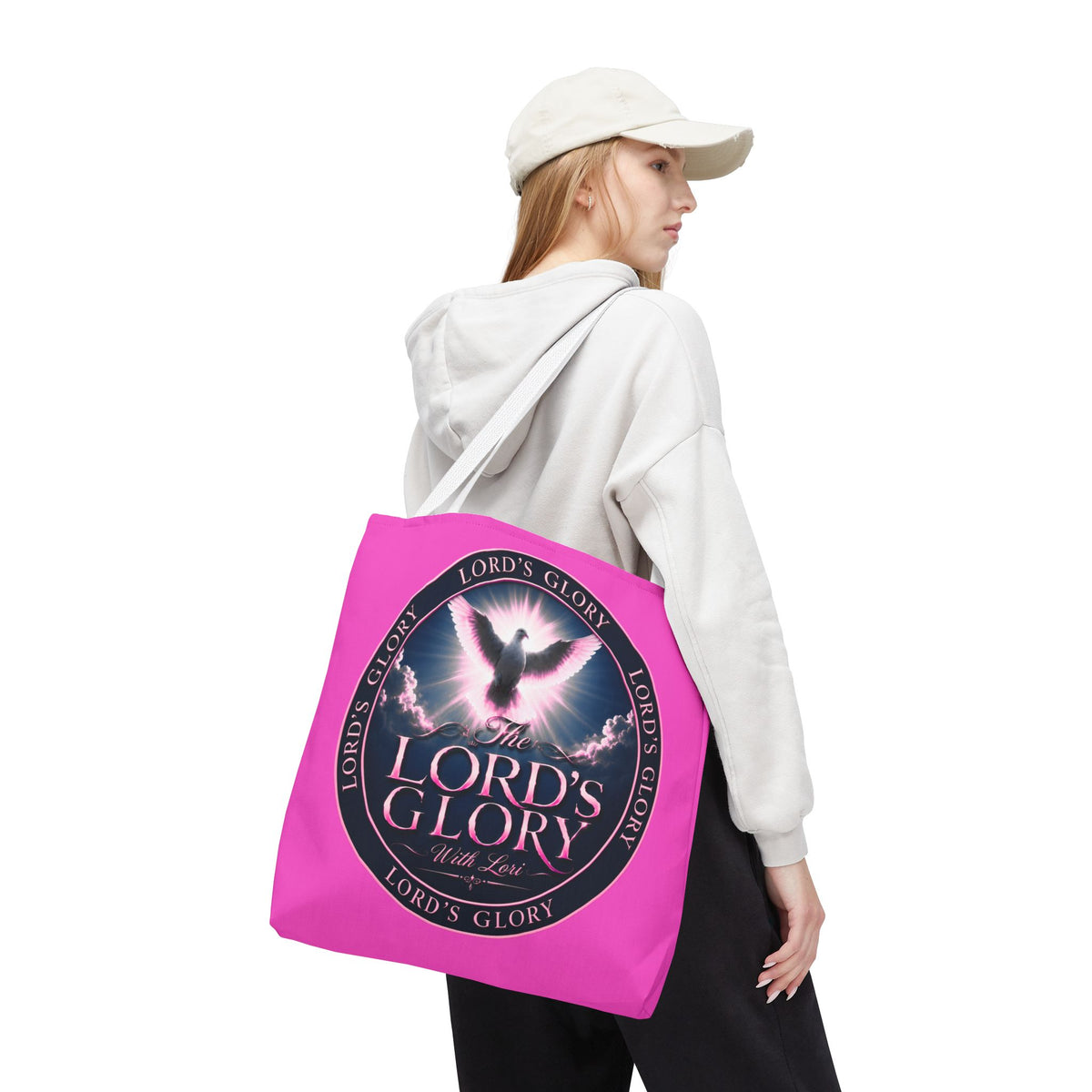 Religious Tote Bag - "The Lord's Glory with Lori" Pink All-Over-Print Christian Tote