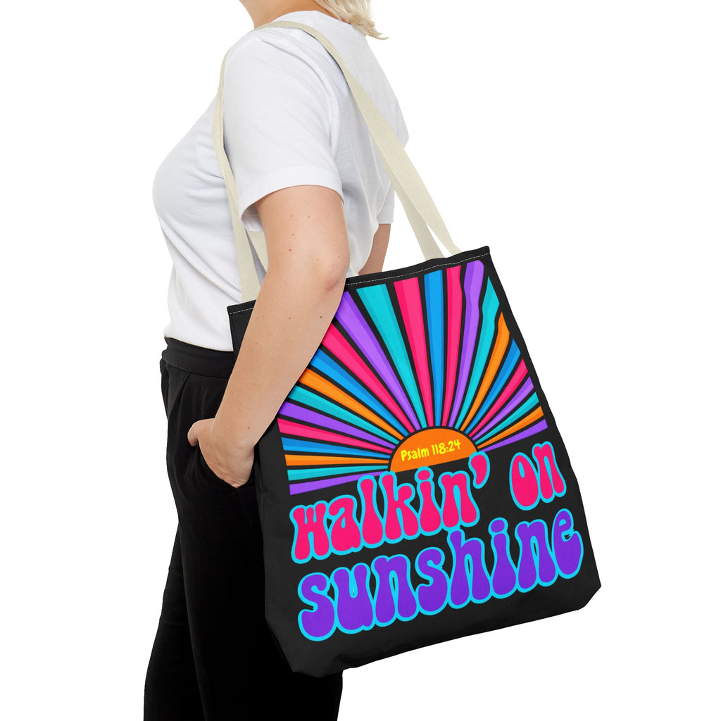 Lords Glory Sunrise Graphic Tote Bag — “Walkin' on Sunshine” Retro Psalm 118:24 Cotton AOP