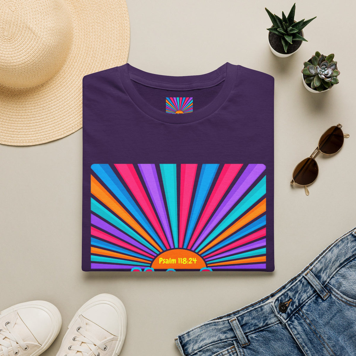Walkin' On Sunshine Lords Glory with Lori Psalm 118:24 Retro T-Shirt — 70s Rainbow Sun Graphic Tee