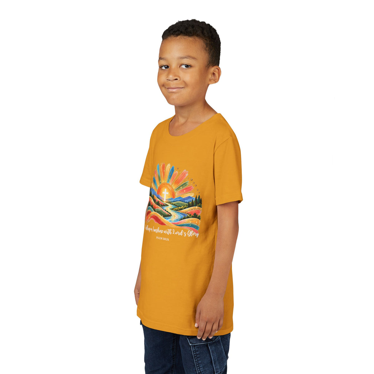Youth Short Sleeve Tee – Walking On Sunshine with Lords Colorful Christian Sunrise Faith Shirt