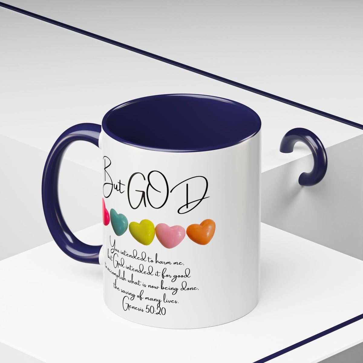 But God Scripture Coffee Mug — Genesis 50:20 Inspirational Heart Accent Mug (11/15oz)
