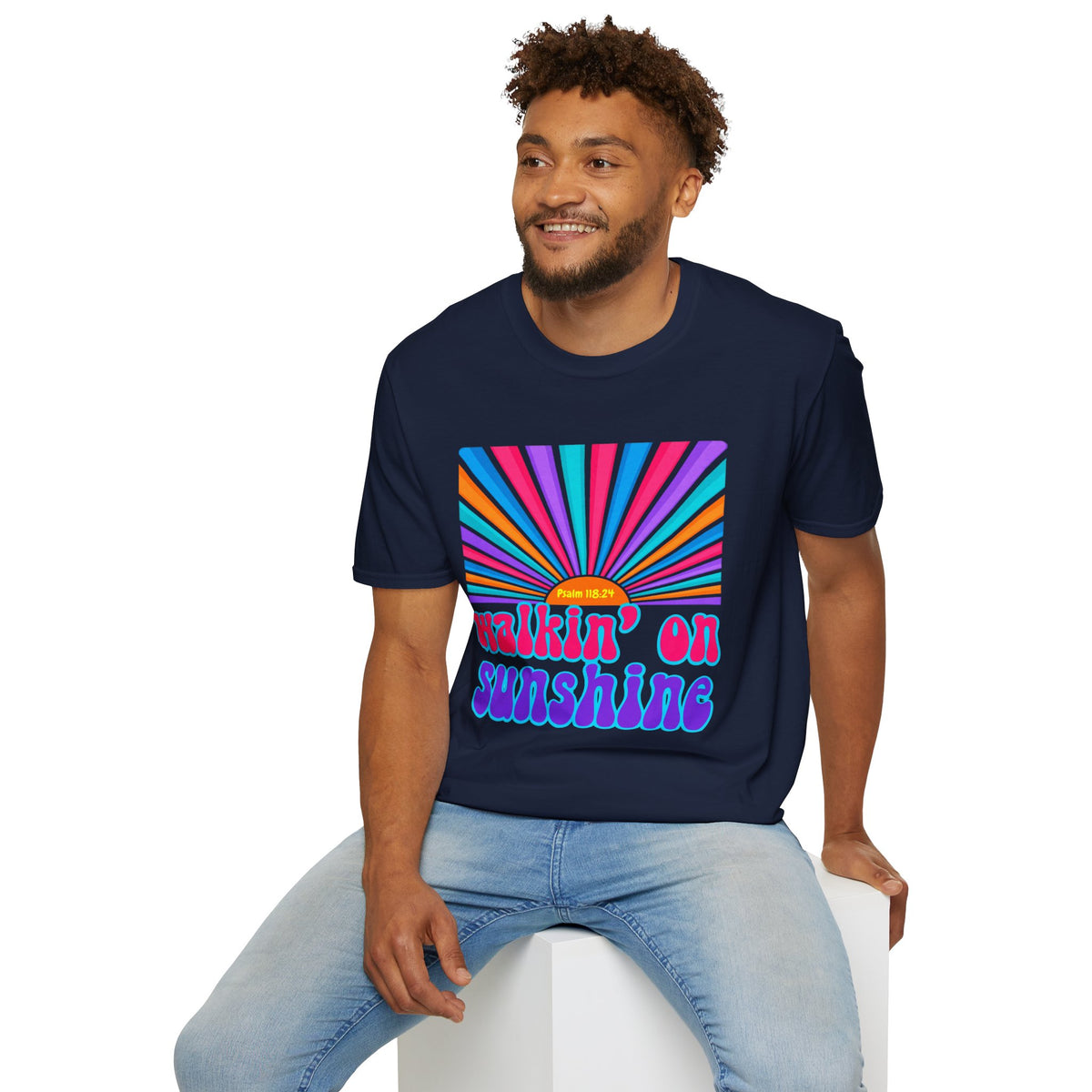 Walkin' On Sunshine Lords Glory with Lori Psalm 118:24 Retro T-Shirt — 70s Rainbow Sun Graphic Tee
