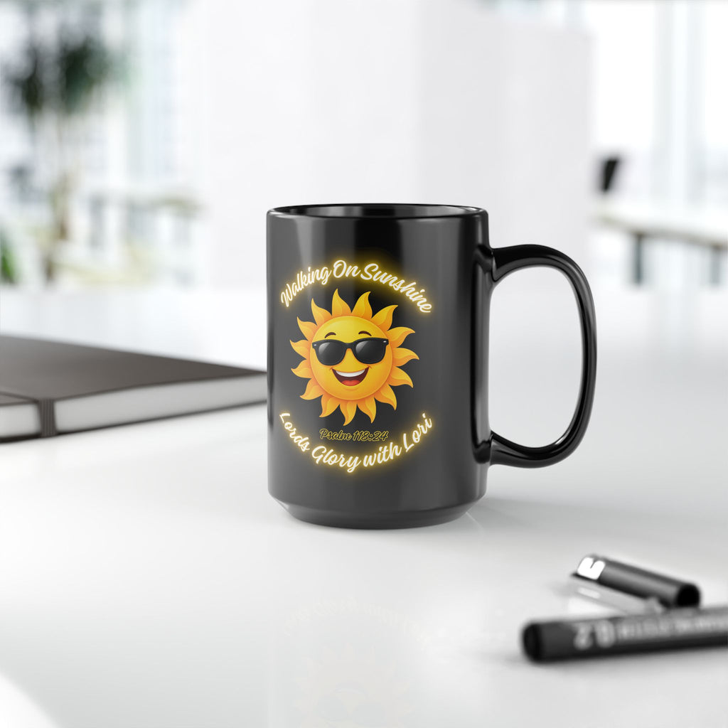 Walking On Sunshine Black Mug — Sunny Smiley Sun with Sunglasses, "Loved Glory with Love" Coffee Cup (11oz/15oz)
