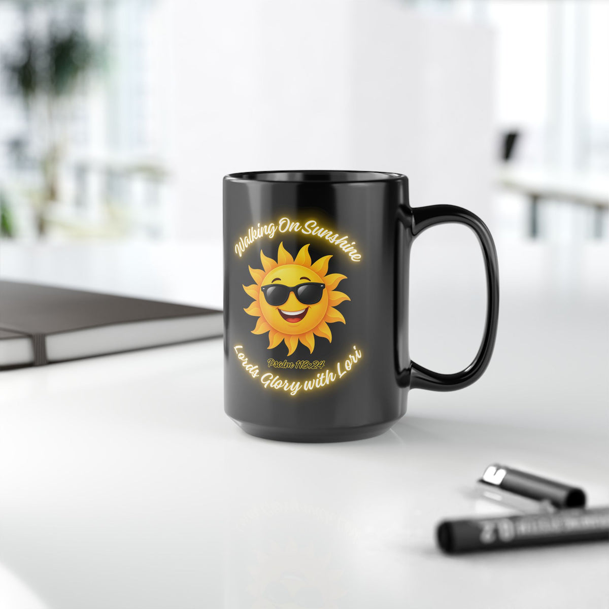 Walking On Sunshine Black Mug — Sunny Smiley Sun with Sunglasses, "Loved Glory with Love" Coffee Cup (11oz/15oz)