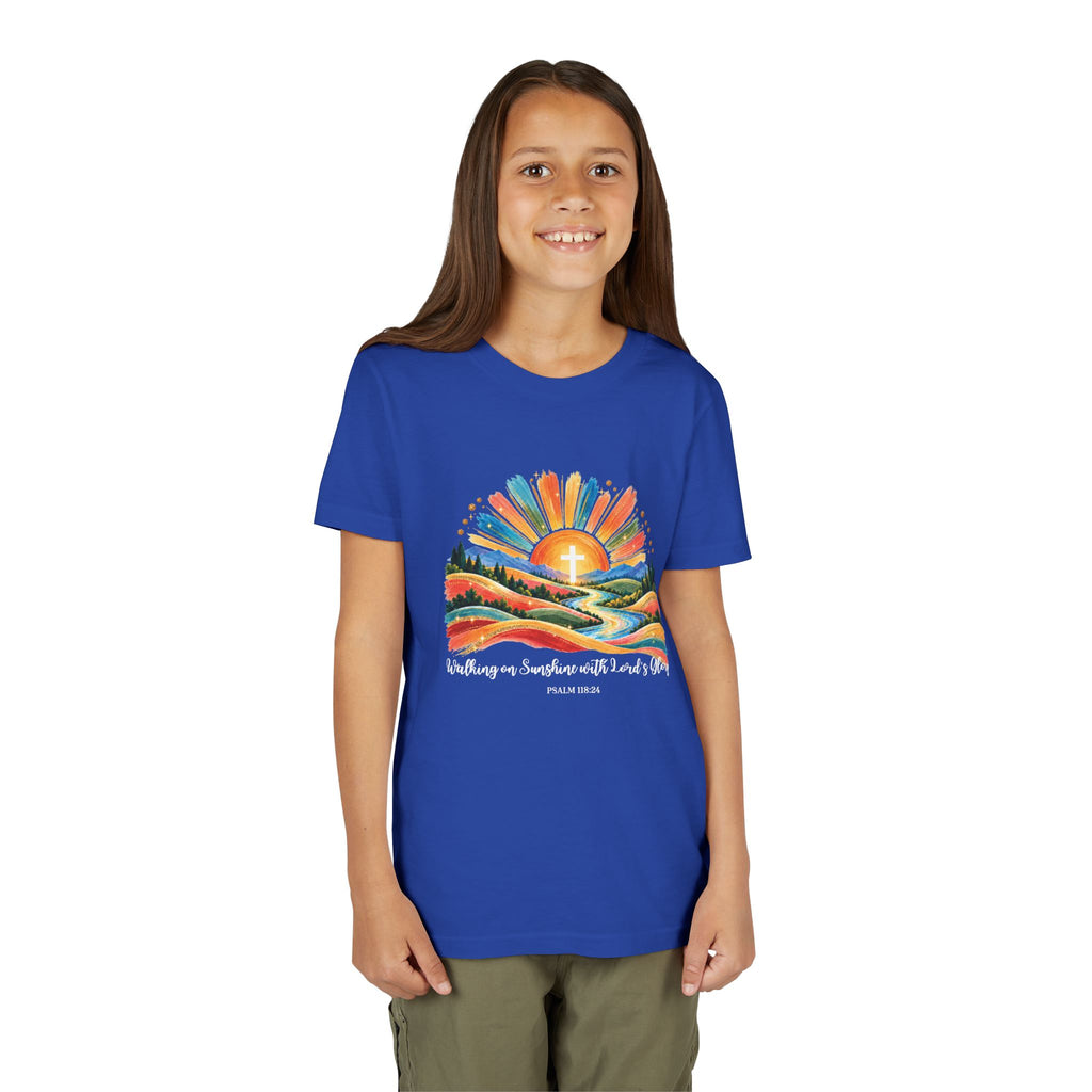 Youth Short Sleeve Tee – Walking On Sunshine with Lords Colorful Christian Sunrise Faith Shirt