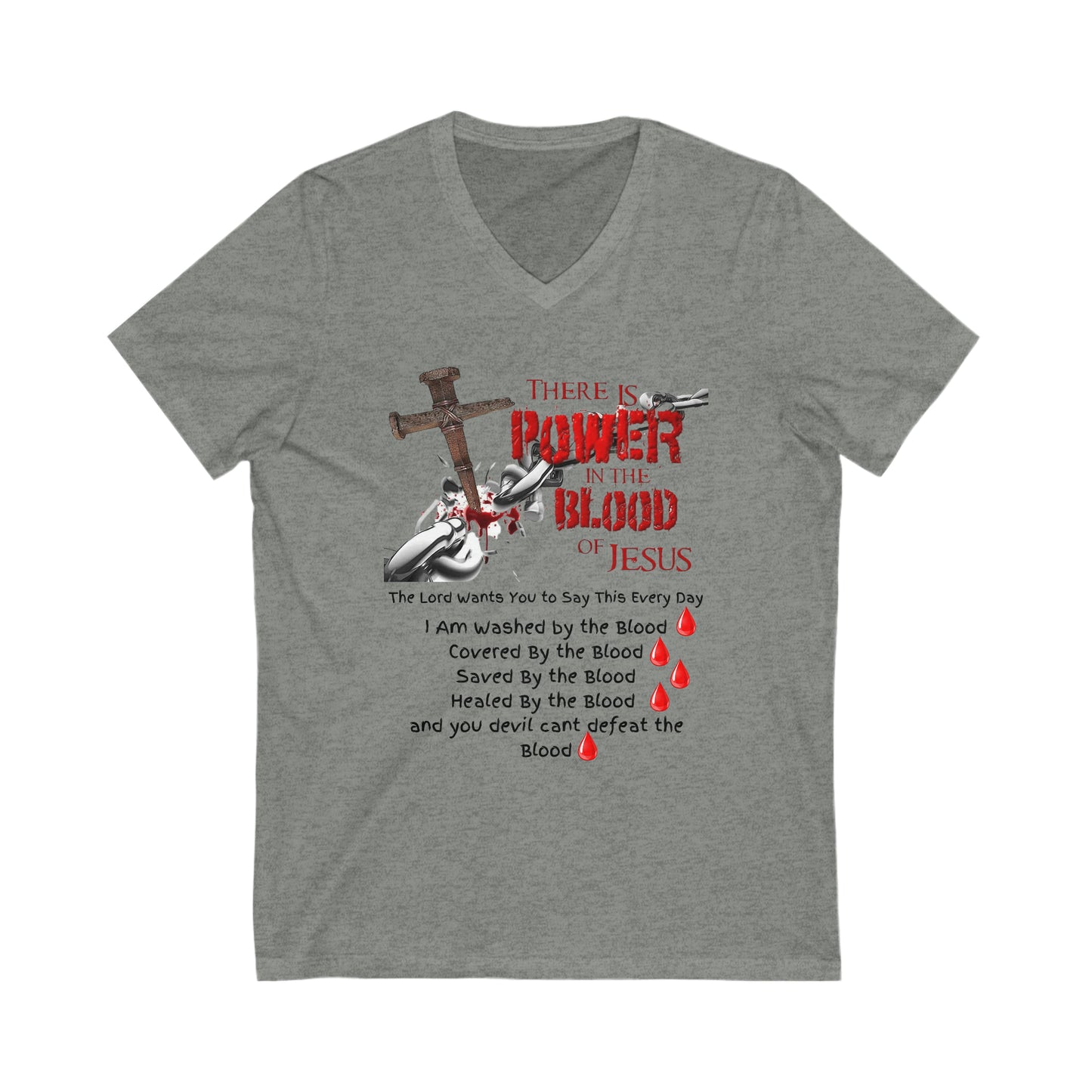 Saved by the Blood, The Power of the Blood, Woman's Jersey Short Sleeve V-Neck Tee