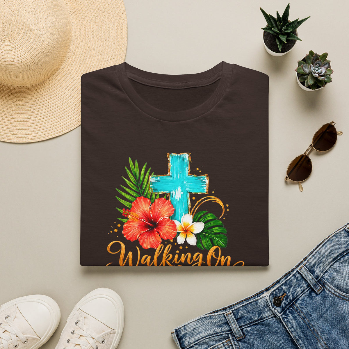 Walking on Sunshine & Jesus Floral Cross T-Shirt