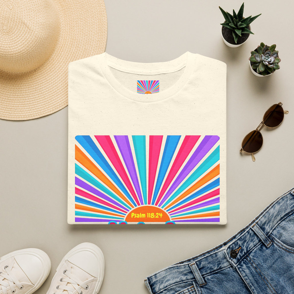 Walkin' On Sunshine Lords Glory with Lori Psalm 118:24 Retro T-Shirt — 70s Rainbow Sun Graphic Tee