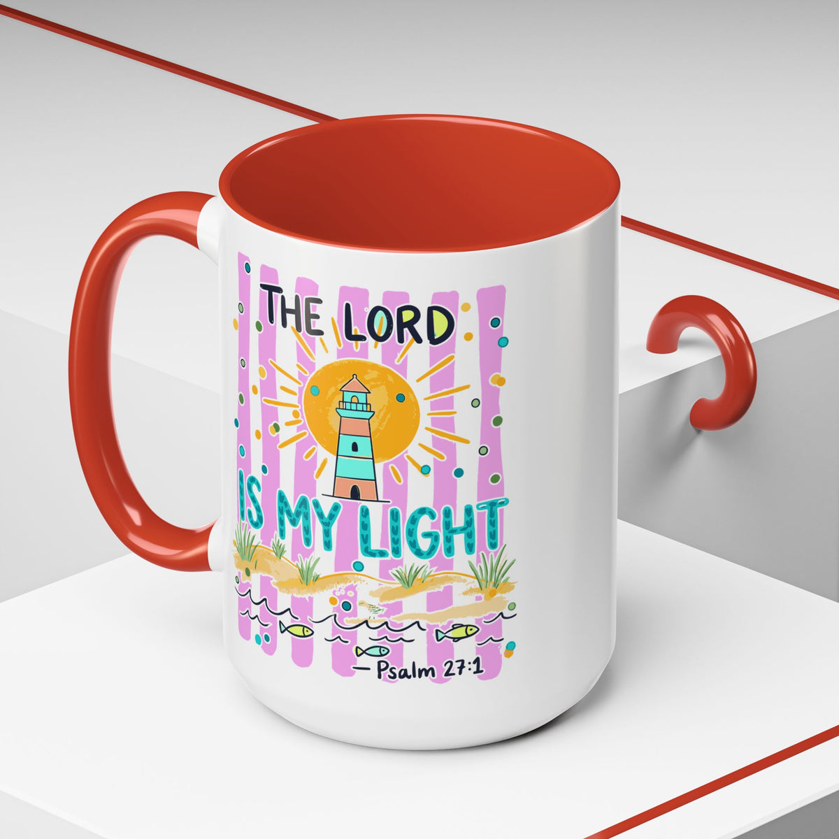 Christian Coffee Mug - "The Lord Is My Light" Lighthouse Psalm 27:1 Accent Mug