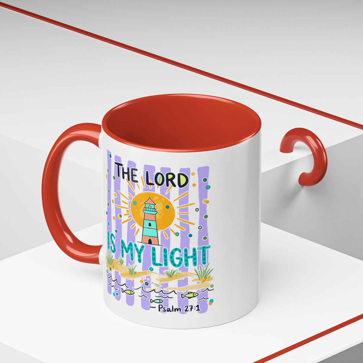 Accent Coffee Mug — “The Lord Is My Light” Lighthouse Bible Verse (Psalm 27:1)
