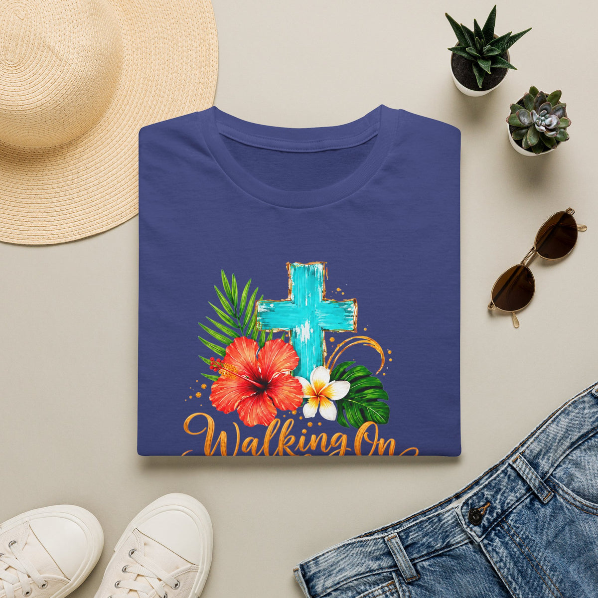 Walking on Sunshine & Jesus Floral Cross T-Shirt