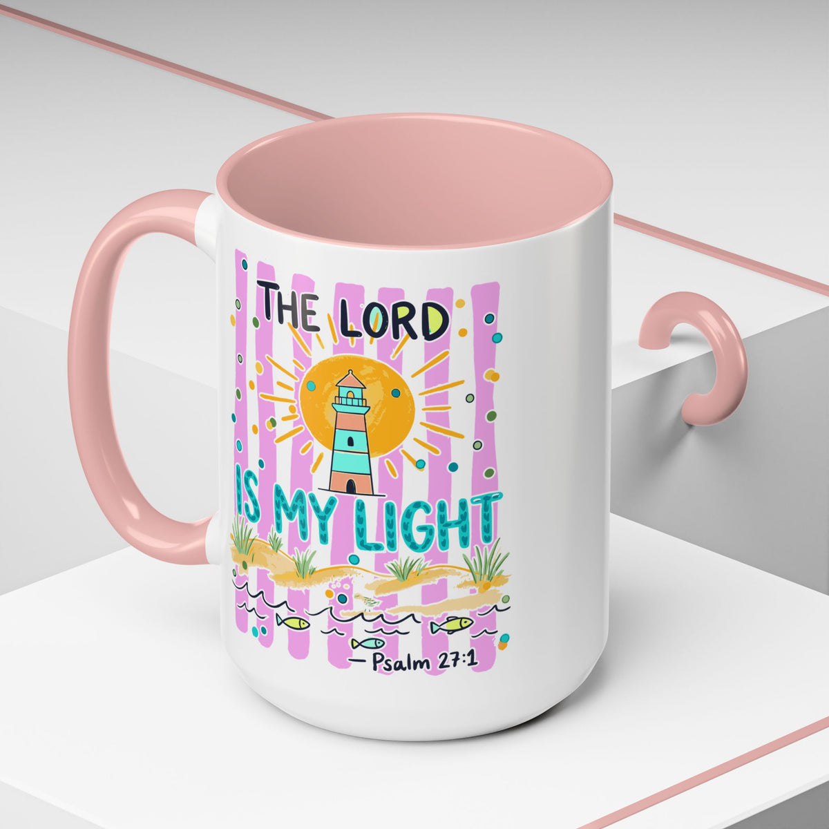 Christian Coffee Mug - "The Lord Is My Light" Lighthouse Psalm 27:1 Accent Mug