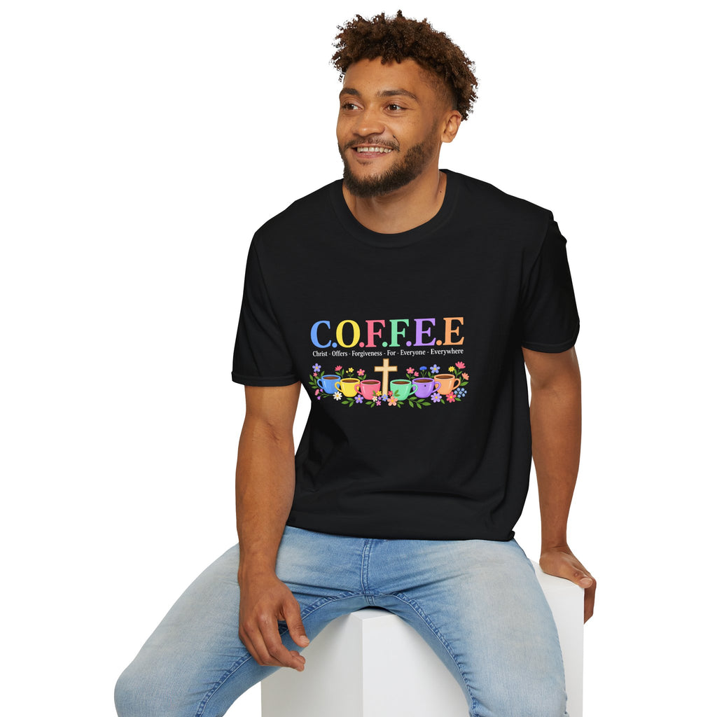 Coffee Lover Floral Graphic - C.o.f.f.e.e. (Christ - Offers - Forgiveness - For Everyone - Everywhere)  Softstyle T-Shirt